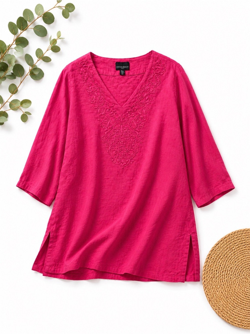 Cynthia Rowley Linen Tunic Top Shirt Sz 3X Pink V-Neck Paisley Embroidered